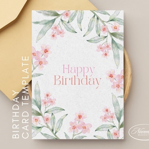 Cartão de aniversário fofo com flores cor-de-rosa | Aniversário floral de primavera quente para impressão | Download digital | Modelo Canva editável | 5x7 polegadas