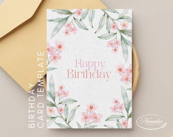 Könnte beinhalten: Eine weiße Karte mit einem Aquarell-Blumenrand und dem Text "Happy Birthday" in Rosa.