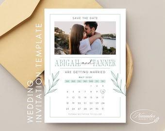 Könnte beinhalten: Save the date Hochzeits-Einladungsvorlage mit einem Foto eines Paares vor einer Strandkulisse. Die Einladung enthält einen Kalender mit dem eingekreisten Datum in einem Herz. Der Text lautet "Abigail und Tanner heiraten im Mai 2025".