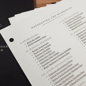 Może przedstawiać: Czarno-biały planer powieści z tytułem "Writer's Outline" i zeszyt ćwiczeń zatytułowany "Navigating the Workbook" ze szczeg&oacute;łowymi listami dla pisarzy. Zeszyt ćwiczeń zawiera sekcje dotyczące korekt historii, zapytań i samodzielnego publikowania.