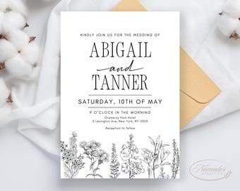 Wildblumen Skizze Hochzeitseinladung: Minimalistische Hochzeitseinladung (13x18cm)