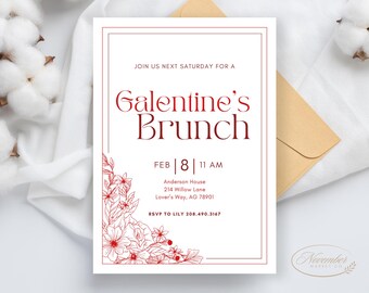 Könnte beinhalten: Eine weiße Einladungskarte mit roten floralen Akzenten und dem Text "Join us next Saturday for a Galentine's Brunch, Feb 8 | 11 AM, Anderson House, 214 Willow Lane, Lover's Way, AG 78901, RSVP to Lily 208.490.3167".