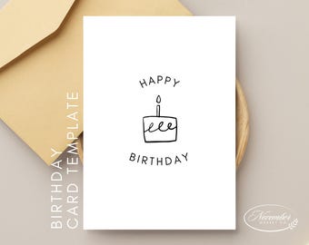 Könnte beinhalten: Eine weiße Karte mit schwarzem Text, der "Happy Birthday" lautet, mit einer einfachen Strichzeichnung eines Geburtstagskuchens mit einer einzigen Kerze.