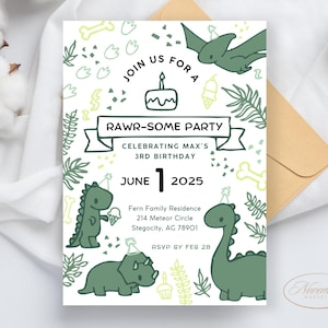 Tarjeta imprimible de invitación de cumpleaños de dinosaurio para niños, divertida tarjeta con temática de dinosaurios, plantilla editable de Canva, 5 x 7 pulgadas, DN1