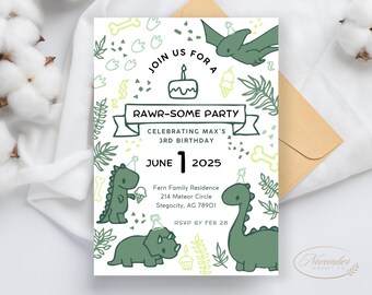 Könnte beinhalten: Eine grüne und gelbe Dinosaurier-Geburtstagseinladung mit dem Text "Join us for a Rawr-some Party" zur Feier von Max' 3. Geburtstag am 1. Juni 2025. Die Einladung enthält einen Dinosaurier, einen Triceratops und eine Torte.