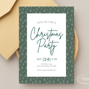 Invitation simple de fête de Noël à feuilles persistantes | Invitation d'hiver moderne | Modèle de toile modifiable | 5 x 7 pouces