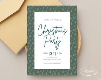 Könnte beinhalten: Eine grüne Weihnachtsfeier-Einladung mit weißem Rand und grünem Baummuster. Der Text lautet "Join us for a Christmas Party" mit dem Datum und der Uhrzeit "DEC |24| 6 PM" und Kontaktinformationen für RSVP.