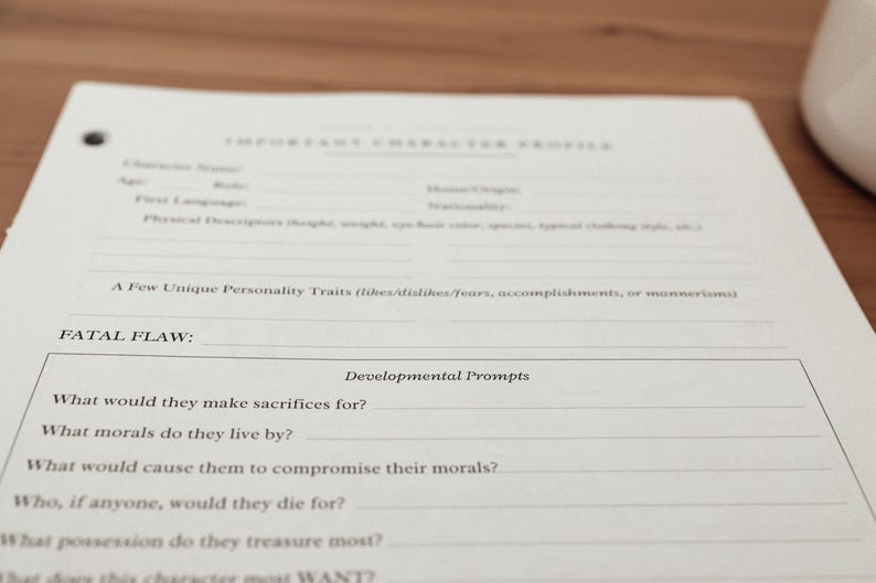 Może przedstawiać: Biała karta z nagł&oacute;wkiem "IMPORTANT CHARACTER PROFILE". Zawiera sekcje na szczeg&oacute;ły postaci, podpowiedzi dotyczące cech charakteru oraz sekcję "FATAL FLAW" z podpowiedziami rozwojowymi.