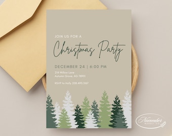 Könnte beinhalten: Eine beige Einladungskarte mit grünem Text, der "JOIN US FOR A Christmas Party" lautet, und Details für eine Weihnachtsfeier am 24. Dezember um 18:00 Uhr. Die Karte zeigt eine grüne und weiße Illustration eines Waldes mit Kiefern.