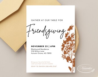Könnte beinhalten: Eine weiße Einladungskarte mit braunen Blumenillustrationen. Der Text lautet "Gather at our table for Friendsgiving, November 23 | 6PM, Blackwood Residence, 214 Willow Lane, Autumn Grove, AG 78901, Bring your favorite fall dish; wear your best autumn sweater, RSVP to Raven 208.490.5167".