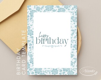 Könnte beinhalten: Eine bedruckbare Geburtstagskartenvorlage mit blauem und weißem Blumenmuster und dem Text "happy birthday" in blauer Schrift.