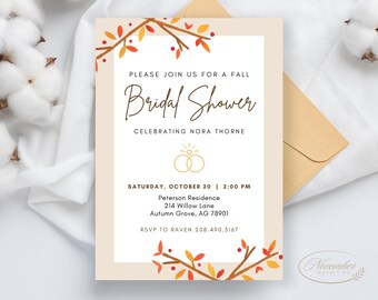 Könnte beinhalten: Eine Einladung zu einer Brautdusche im Herbst-Thema mit orangefarbenen und roten Blättern, einem goldenen Ring-Symbol und dem Text "Bitte nehmen Sie an unserer Herbst-Brautdusche teil, um Nora Thorne zu feiern. Samstag, 20. Oktober | 14:00 Uhr Peterson Residence 214 Willow Lane Autumn Grove, AG 78901 RSVP an Raven 208.490.5167"