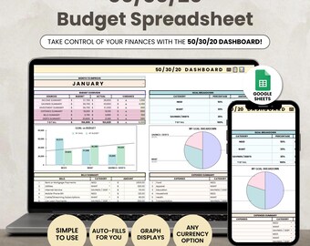 50/30/20 Budget Spreadsheet, Budget Dashboard Google Sheet Template, Paycheck Budget Tracker, Monthly/Weekly Budget, Instant Download
