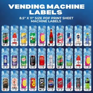May include: Vending machine labels featuring various soda and beverage brands, including 7-Up, Pepsi, and Coca-Cola. The labels are designed for an 8.5" x 11" PDF print sheet. The image includes cans and bottles of different sizes and flavors.