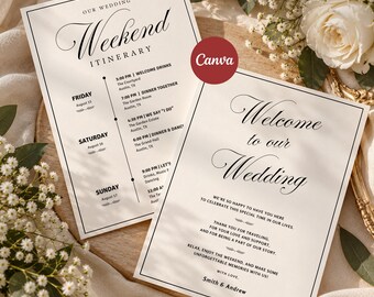 Wedding Welcome Bag Card, Elegant Modern Wedding Itinerary, Welcome Letter Weekend Schedule, Canva Editable Wedding Itinerary Timeline