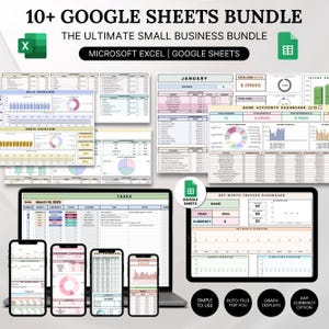 Może przedstawiać: Cyfrowy pakiet szablonów Arkuszy Google dla małych firm. Obraz przedstawia różne układy arkuszy kalkulacyjnych, w tym pulpity nawigacyjne finansowe, zarządzanie zadaniami i przeglądy budżetu. Tekst zawiera "10+ Google Sheets Bundle" i "The Ultimate Small Business Bundle".