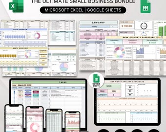 Plantillas de Google Sheets Business Bundle, seguimiento de tareas, presupuesto mensual, seguimiento de inventario, calculadora de costos, hoja de cálculo de seguimiento de ingresos y gastos.
