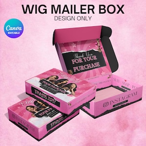 Op de afbeelding: Roze pruikenverzenddozen met zwarte accenten. De dozen tonen de tekst "WIG MAILER BOX" en "DESIGN ONLY". De dozen hebben de tekst "Thank You For Your Purchase" en "Your Package Has Arrived". De dozen hebben ook het Instagram-logo.