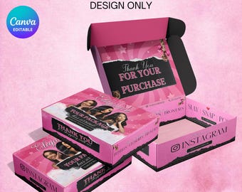 Diseño de caja para pelucas, diseño de caja personalizada prediseñada, diseño de caja con frente de encaje, diseño de caja DIY para negocios de belleza, plantilla de Canva