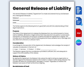 General Release of Liability Waiver Agreement, Printable Liability Form, Editable in Word, Docs & Canva