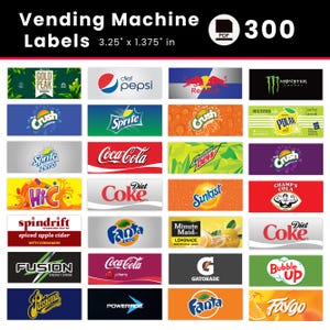 May include: A collection of 300 rectangular vending machine labels measuring 3.25 by 1.375 inches, featuring various beverage brand logos including Coca-Cola, Pepsi, Sprite, Fanta, Gatorade, Monster Energy, and others in diverse colors.