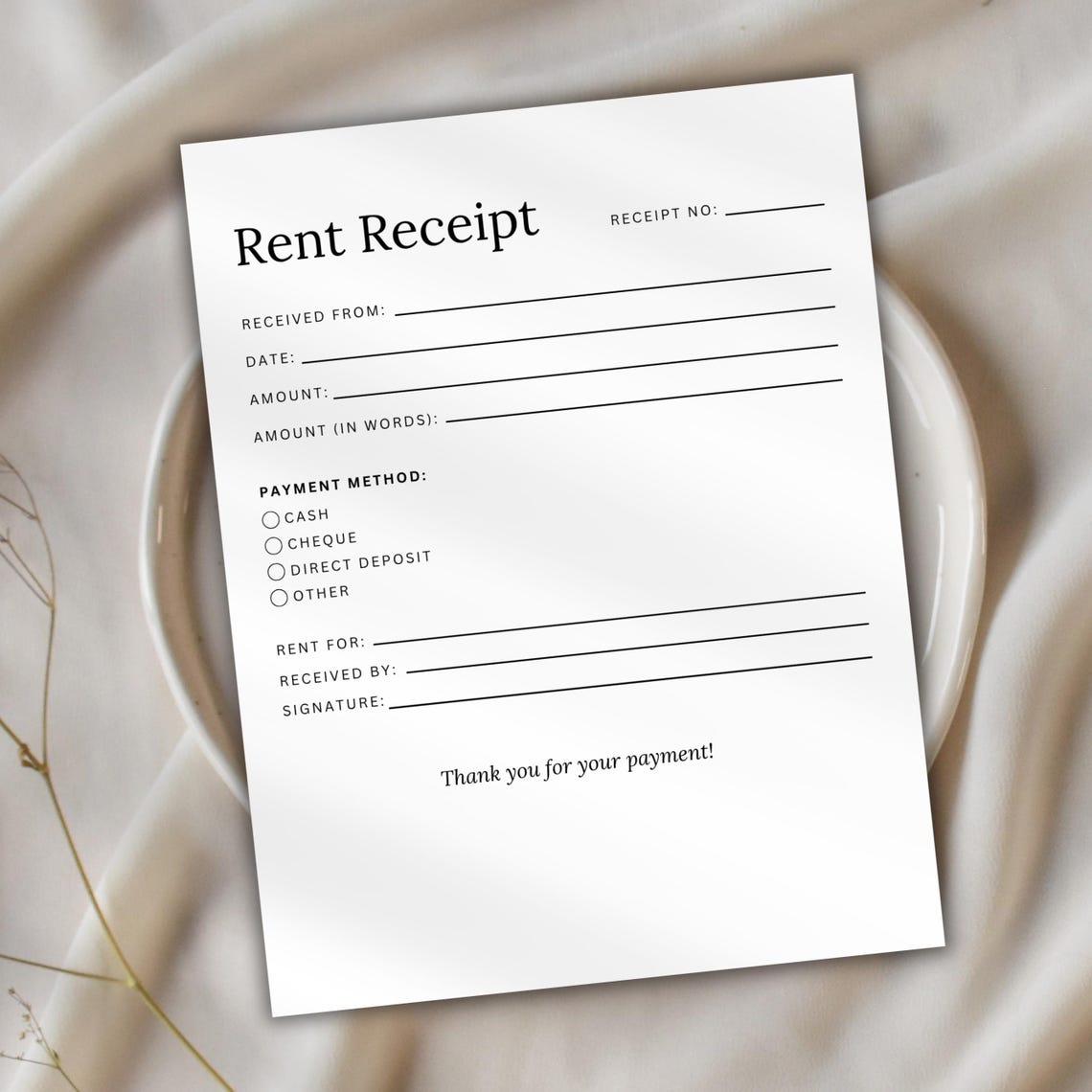 Editable Rent Receipt Template, Printable Simple Rent Receipt ...
