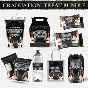 Senior Graduation Party Favor Bundle, Personalized Black & Silver Graduation Favors, Graduation Chip Bag, Class of 2025 Grad Treat Bundle