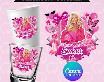 Könnte beinhalten: Ein Set aus rosa Geburtstagsaufklebern und Schnapsgläsern mit dem Text "BIRTHDAY STICKER". Das Design zeigt eine Frau in Rosa, Schmetterlinge und den Text "Alexa John Sweet 16". Das Canva-Logo ist ebenfalls sichtbar.