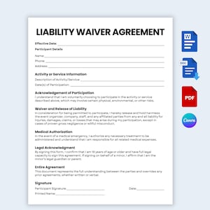 Può includere: Un documento bianco di Liability Waiver Agreement con testo nero che presenta sezioni per i dettagli del partecipante, informazioni sull'attività, riconoscimento, liberatoria di responsabilità, autorizzazione medica, conferma legale e linee per la firma.