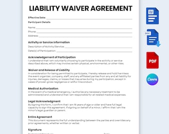 Simple Liability Waiver Agreement,Editable Liability Release,Release of Liability,Printable & Editable Waiver of Liability Contract Template