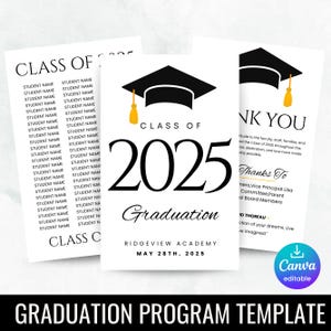 Modèle de programme de remise des diplômes 2025, carte modifiable de cérémonie 2025, promotion 2025, programme de remise des diplômes secondaires et universitaires, téléchargement immédiat