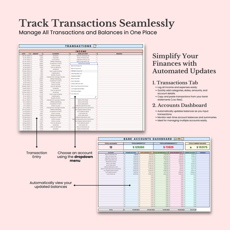 Puede incluir: Una plantilla de hoja de c&aacute;lculo digital para realizar un seguimiento de los ingresos y gastos. La plantilla incluye una pesta&ntilde;a de transacciones y un panel de control de cuentas bancarias. La pesta&ntilde;a de transacciones tiene columnas para la fecha, la cuenta, la categor&iacute;a, la descripci&oacute;n, el importe y el saldo. El panel de control de cuentas bancarias tiene columnas para el nombre de la cuenta, el total de dep&oacute;sitos, el total de retiros y el saldo total actual. La plantilla est&aacute; dise&ntilde;ada para ayudar a los usuarios a administrar sus finanzas y realizar un seguimiento de sus gastos.