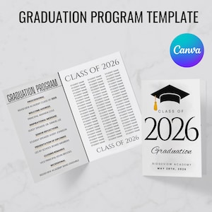 May include: A graduation program template with the text "Graduation Program Template" at the top. The program includes the text "Class of 2026" and a list of student names. A separate card shows a graduation cap and the year 2026.