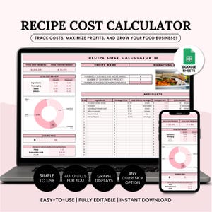 Rezeptkostenrechner Google Sheets, Rezeptrechnervorlage, Preisgestaltung für kleine Bäckereien, Kuchenkosten, Zutaten-Tracker