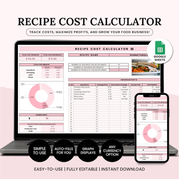Recipe Cost Calculator Google Sheets, Recipe Calculator Template, Small Bakery Business Pricing, Cake Costing, Ingredients Tracker