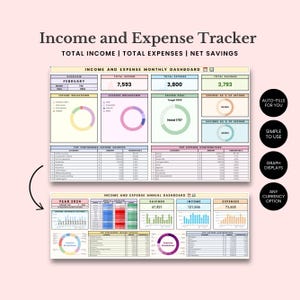 Puede incluir: Una hoja de c&aacute;lculo de seguimiento de ingresos y gastos imprimible con gr&aacute;ficos y diagramas coloridos. La hoja de c&aacute;lculo est&aacute; dividida en secciones mensuales y anuales. La hoja de c&aacute;lculo incluye secciones para ingresos, gastos y ahorros. La hoja de c&aacute;lculo est&aacute; dise&ntilde;ada para ayudar a los usuarios a realizar un seguimiento de sus finanzas y tomar decisiones financieras informadas.