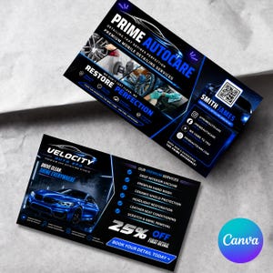 May include: Two business cards for a car detailing service. The top card reads "Prime Autocare" in blue and white, with detailing services listed. The bottom card says "Velocity Auto Spa" with a blue car graphic and a 25% off promotion.