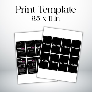 Puede incluir: Dos plantillas de impresi&oacute;n blancas con dise&ntilde;os en blanco y negro. Una plantilla presenta el texto "HAIRVIBE HAIR EXTENSIONS" e informaci&oacute;n del producto. La otra plantilla tiene diez rect&aacute;ngulos negros, cada uno etiquetado como "2 X 3.5 IN". El texto "Print Template 8.5 x 11 In" est&aacute; en la parte superior.