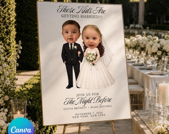 Diese Kinder heiraten, Vorlage für ein Willkommensschild zur Hochzeit, Willkommensschild mit Foto für den Abend vor der Hochzeit, Canva-Vorlage