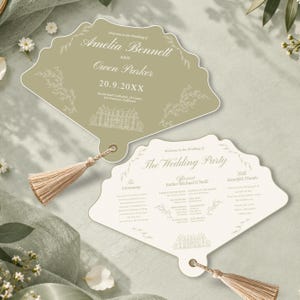 May include: Two fan-shaped wedding programs with scalloped edges and beige tassels. The olive green fan displays the names Amelia Bennett and Owen Parker, the date 20.9.20XX, and a building illustration. The cream fan lists the wedding party details.