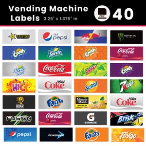 May include: A sheet of 40 vending machine labels, each 3.25 x 1.375 inches. The labels feature logos for various soft drinks and energy drinks, including Pepsi, Coca-Cola, Sprite, and Monster. The text "Vending Machine Labels" is at the top.