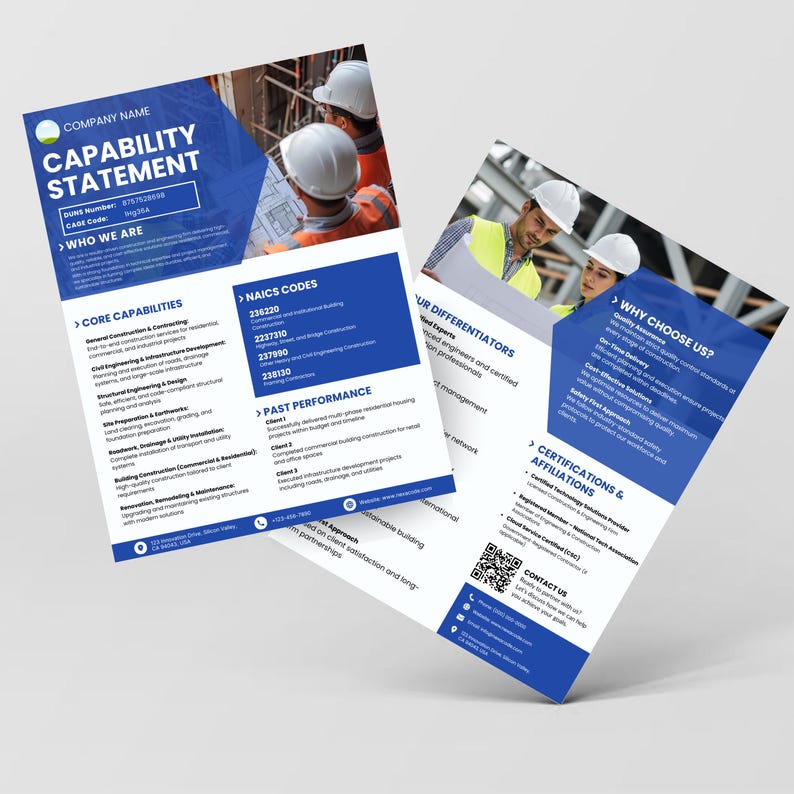 May include: Two brochures with a blue and white design. The brochures contain text about construction services, including core capabilities, NAICS codes, and past performance. The brochures also feature images of construction workers.