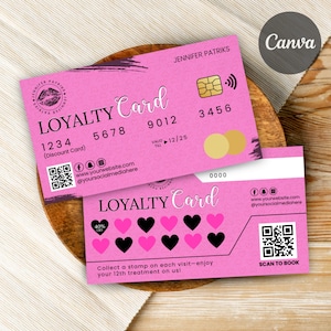 Modelo de cartão de fidelidade, cartões de fidelidade de beleza, design de modelo de cartão de marketing faça você mesmo, cartão de recompensa rosa, cartão de visita de cabelo, cartão de desconto Canva
