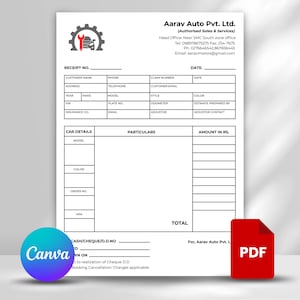 May include: A white receipt from Aarav Auto Pvt. Ltd. with a logo of a car and wrench. The receipt includes fields for customer information, car details, and a total amount. A Canva logo is in the bottom left corner, and a PDF icon is in the bottom right.