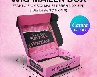 Diseño de caja para pelucas, diseño de caja personalizada prediseñada, diseño de caja con frente de encaje, diseño de caja DIY para negocios de belleza, plantilla de Canva