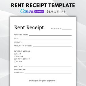Editable Rent Receipt Template, Printable Simple Rent Receipt, Minimalist Receipt, Sales Receipt Editable, Business Receipt Canva Template