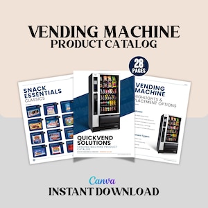May include: A 28-page vending machine product catalog titled Quickvend Solutions. The document features images of a black and white vending machine, lists of snack essentials, and highlights of placement options for various business environments.