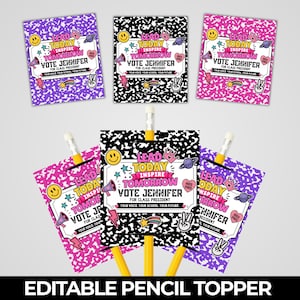 May include: A collection of rectangular pencil toppers featuring a speckled background in purple, black, and pink. Each topper displays the text LEAD TODAY INSPIRE TOMORROW VOTE JENNIFER FOR CLASS PRESIDENT YOUR VOICE. YOUR SCHOOL. YOUR FUTURE.