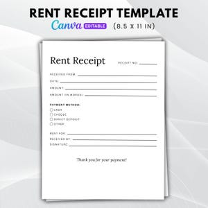Editable Rent Receipt Template, Printable Simple Rent Receipt, Minimalist Receipt, Sales Receipt Editable, Business Receipt Canva Template