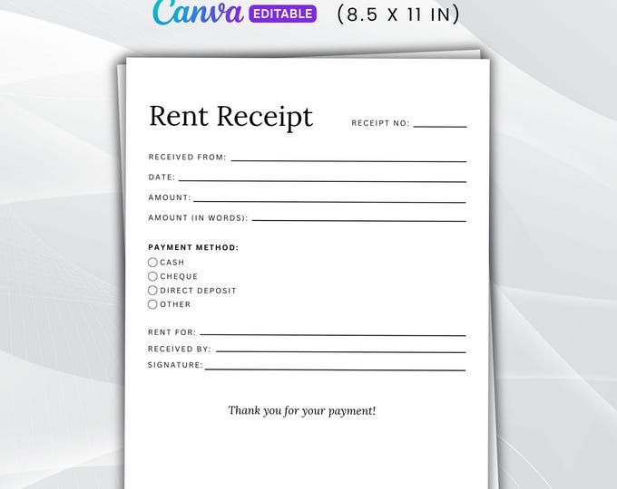 Editable Rent Receipt Template, Printable Simple Rent Receipt ...